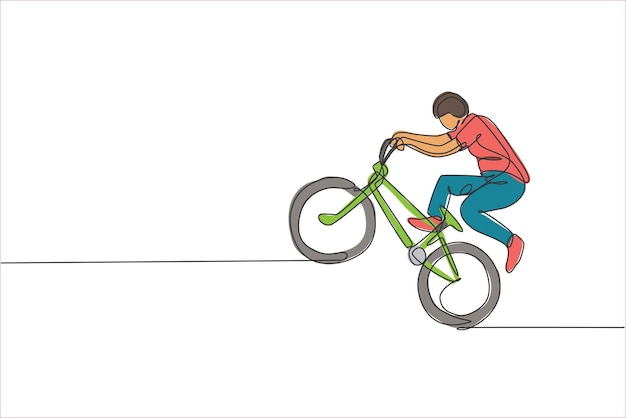 Single continuous line drawing of young BMX cycle rider show extreme trick in skatepark freestyle