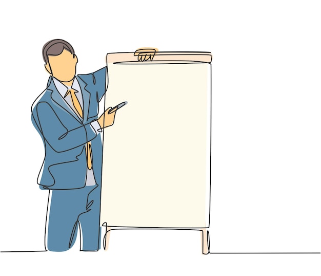Single continuous line drawing of young business coach teaching strategy to increase sales product