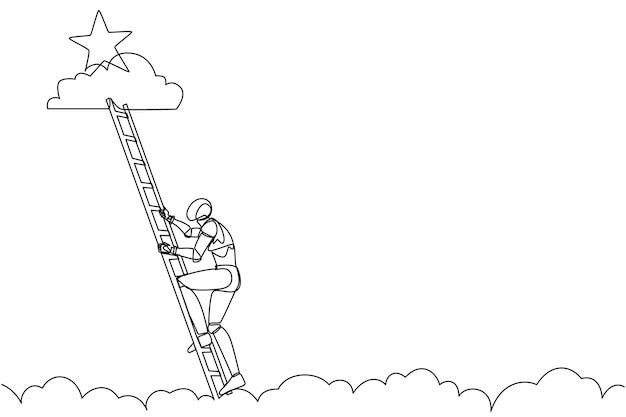 Single continuous line drawing robot climbing ladder reach out for stars design vector illustration