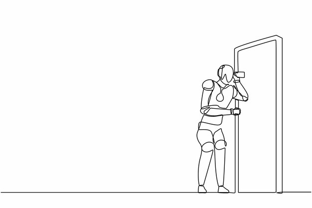 Single continuous line drawing robot eavesdropping and listening conversation at door illustration