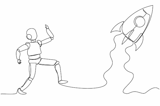 single continuous line drawing robot run chasing rocket take off launching start up business tech