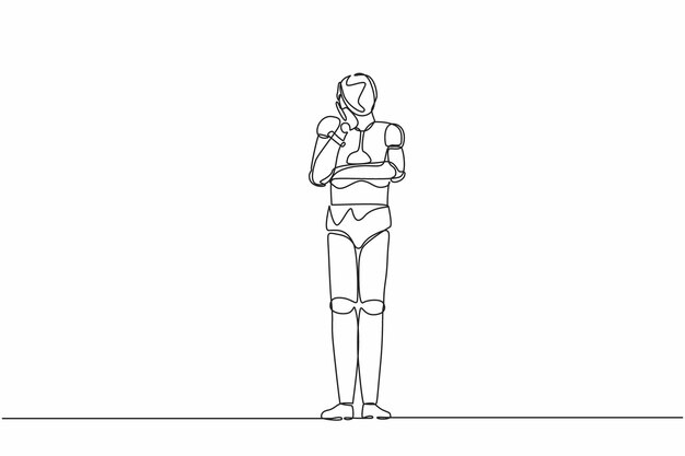 Single continuous line drawing robot tired keeping a hand on cheek Robot suffering from toothache