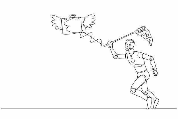 Single continuous line drawing robot tries to catch flying briefcase with butterfly design vector