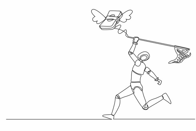 Single continuous line drawing robot try to catching flying book with butterfly net Education vector