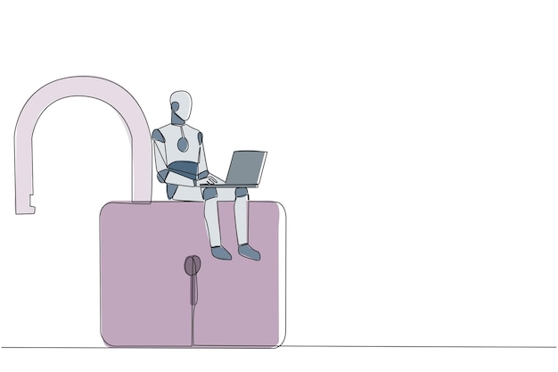 Single continuous line drawing robotic artificial sitting on big open padlock typing laptop vector
