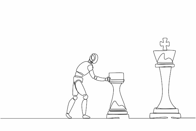 single continuous line drawing robots push huge rook chess piece to take down king modern robotics