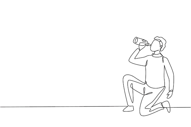 Single continuous line drawing young Arab man drinking water in bottle while squatting after running