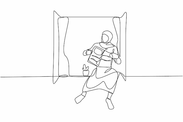 Single continuous line drawing young Arab woman sitting on windowsill and reads newspaper design