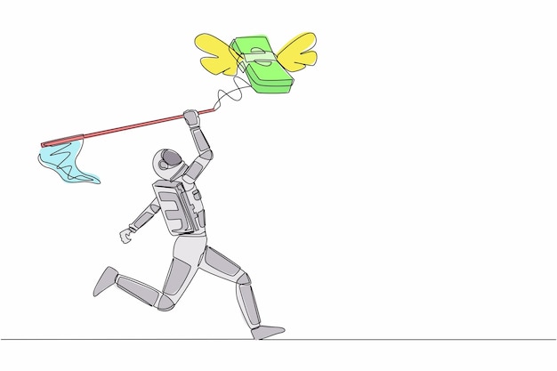 Single continuous line drawing young astronaut trying to catch flying heart with a butterfly net