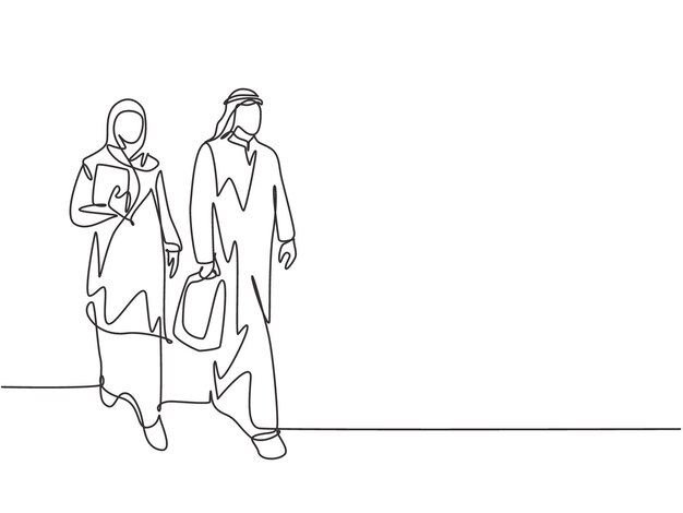 Single continuous line drawing young businessman walking together with his assistant design vector