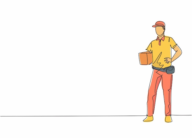 Single continuous line drawing young handsome delivery man standing while holding box design vector