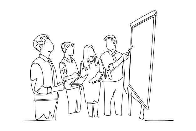 single continuous line drawing young happy manager giving presentation about increasing product sales to his team at the office group meeting concept one line draw graphic design vector illustration