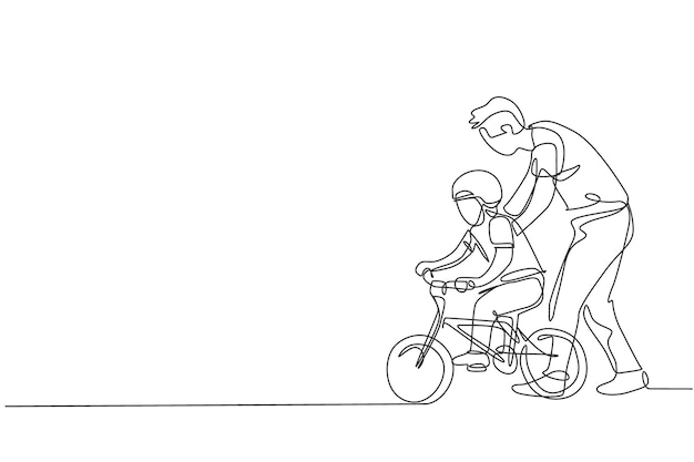 Single continuous line drawing young kids boy learning ride bicycle with father Family time concept