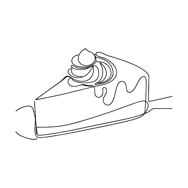 Single line drawing of a slice of cake with cream