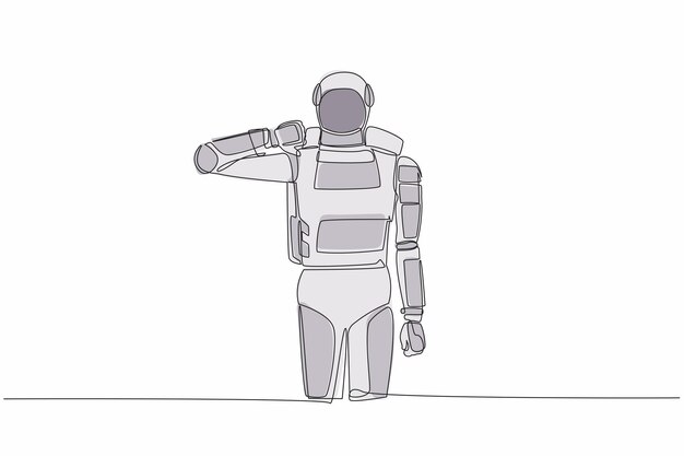 single one line drawing astronaut standing with thumbs down sign gesture cosmic galaxy space vector