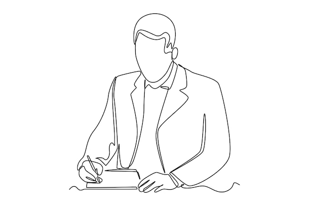 Single one line drawing businessman hands holding pen and filling tax form Tax concept Continuous line draw design graphic vector illustration