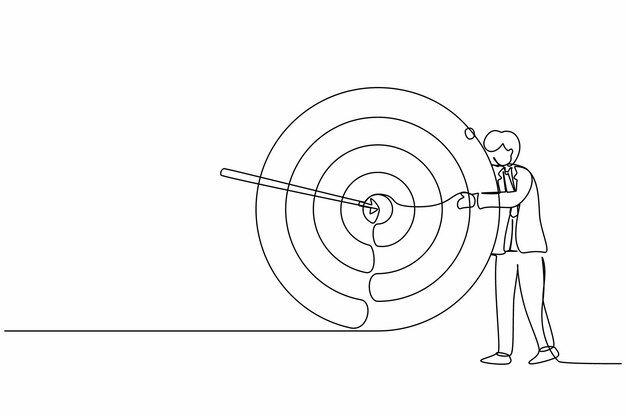 Single one line drawing businessman hugs and stands next to circle of target arrow that hit target