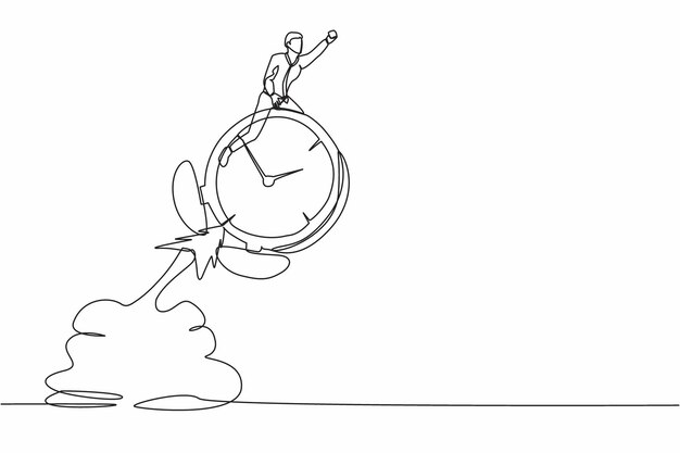 single one line drawing businessman riding alarm clock rocket flying in the sky time management