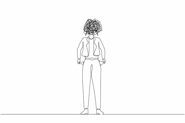 Single one line drawing businesswoman with round scribbles instead of head Manager having no money