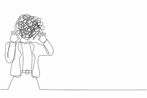 Single one line drawing businesswoman with round scribbles instead of head Woman shocked afraid