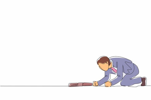 Single one line drawing depressed businessman with briefcase crawling in despair Frustrated mental