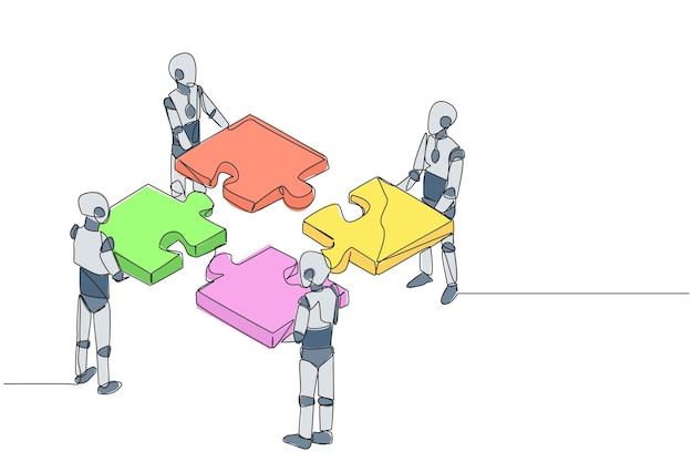 Single one line drawing four robotics standing with each holding a puzzle piece design vector