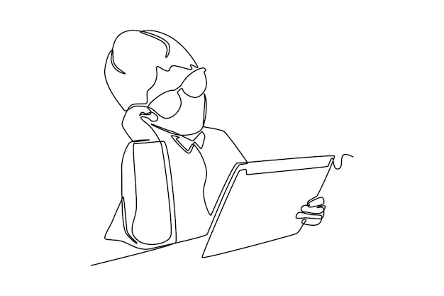 Single one line drawing girl with glasses looking at her tablet which shows the line graph ups and downs of sales Sales Concept Continuous line draw design graphic vector illustration