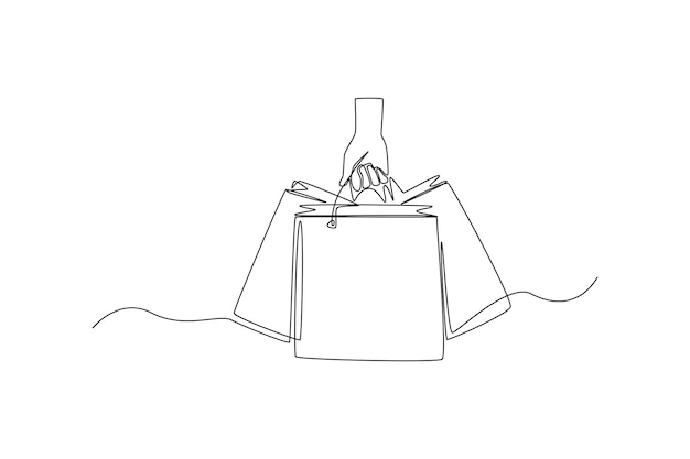 Single one line drawing hand holding shopping bags Black Friday concept Continuous line draw design graphic vector illustration