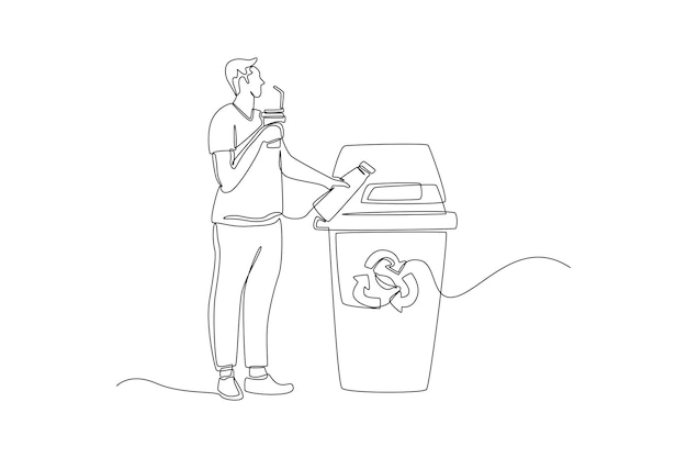 Single one line drawing man throw bottle garbage into recycle rubbish Zero waste concept Continuous line draw design graphic vector illustration