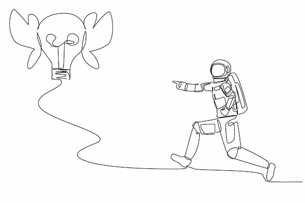 Single one line drawing of astronaut chasing flying light bulb on moon surface vector illustration