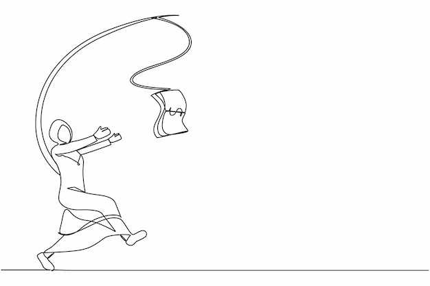 Single one line drawing of greedy Arabian businesswoman running after money Greedy woman