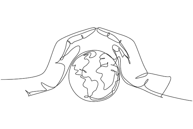 single one line drawing of hand protect earth nature icon silhouette for environment concept vector