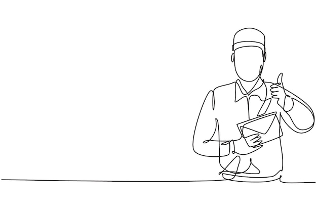 Single one line drawing of postman wearing hat and uniform with thumbsup gesture holds the envelope
