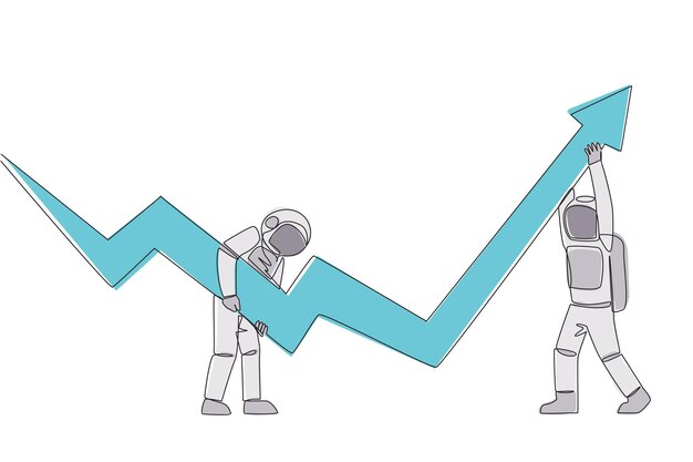 Single one line drawing of two astronauts holding a large arrow chart design vector illustration
