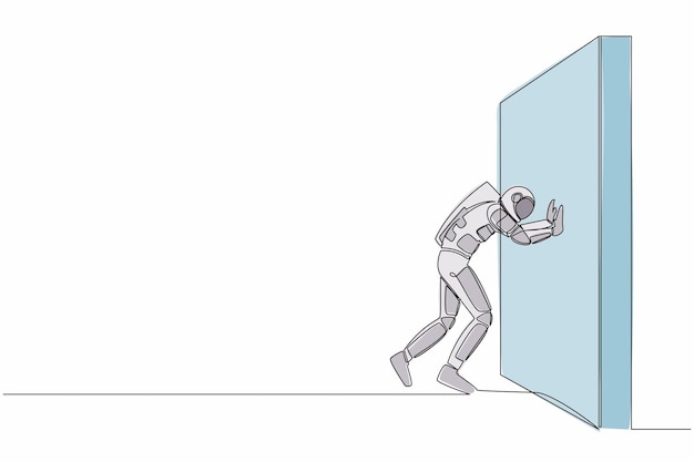 Single one line drawing of young astronaut pushing wall in moon surface Challenge and problem