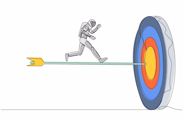 Single one line drawing of young astronaut run to center of bullseye on big dart Reach successful