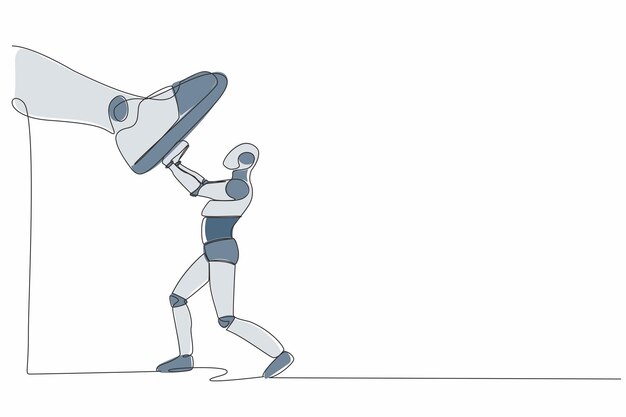 Single one line drawing robot against giant shoes stomping Robot push against a giant foot step