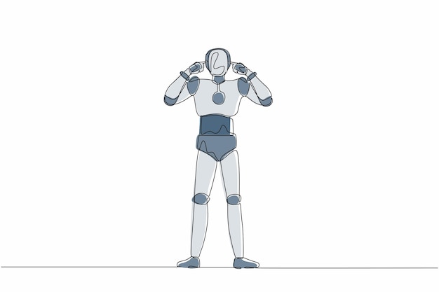 single one line drawing robot covering ears with fingers with annoyed expression for noise of sound