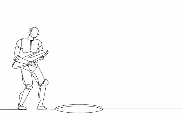 Single one line drawing robot holding iron hole cover Technology development vector illustration