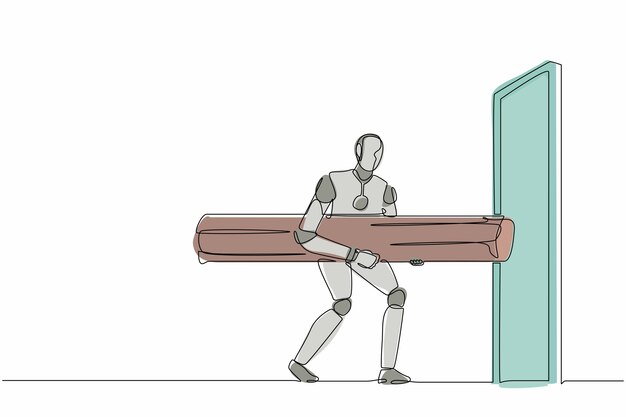 Single one line drawing robot holding large log to destroying door Future technology development