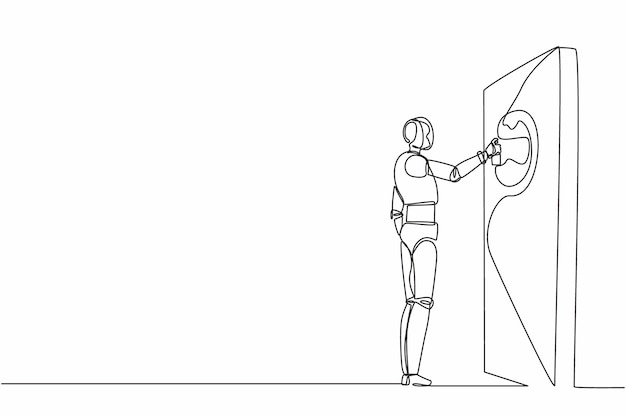 Single one line drawing robot is painting abstract pictures on wall Future technology development