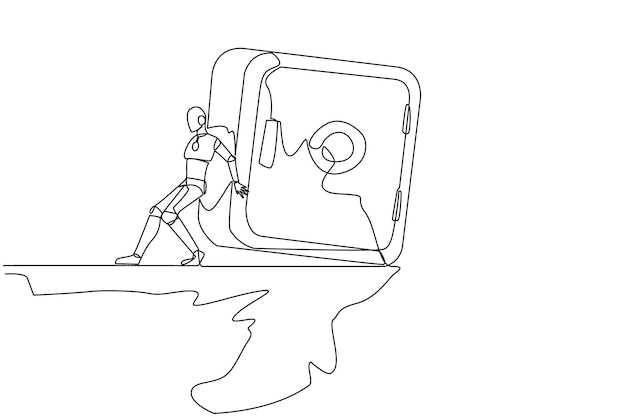single one line drawing robot pushes a large safe deposit box down on its back from edge of a cliff