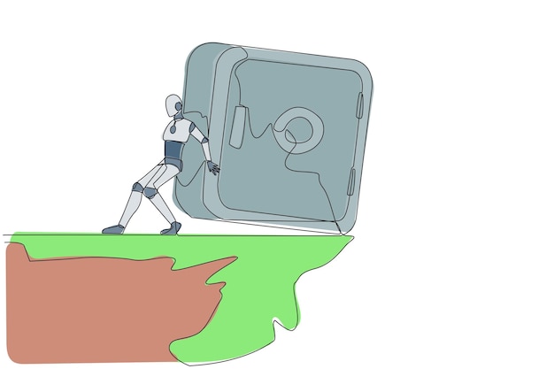 Single one line drawing robot pushes a large safe deposit box down on its back from edge of a cliff