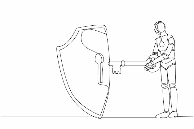 Single one line drawing robot put key into shield Internet security and protection design vector
