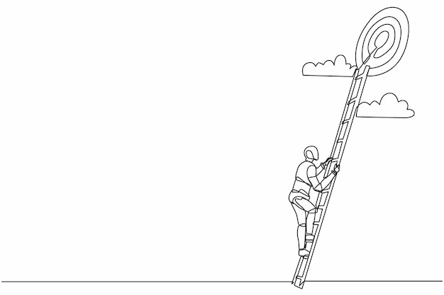 Single one line drawing robot rises up stairs to top target Achieving goal Ladder sky illustration