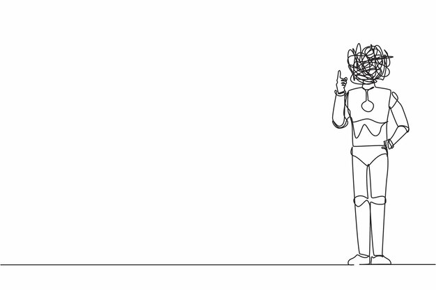 Single one line drawing robot with round scribbles instead of head gesture with clenched fist