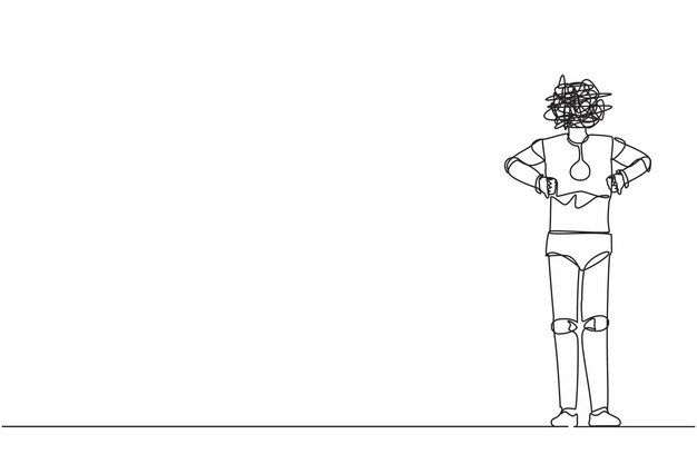 Single one line drawing robot with round scribbles instead of head showing thumbs down sign gesture