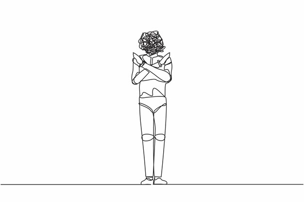 Single one line drawing robot with round scribbles instead of head standing with crossed arms