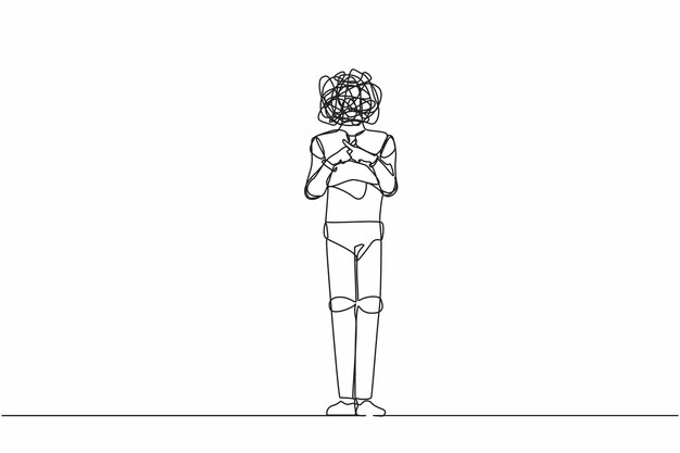 Single one line drawing robot with round scribbles instead of head standing with crossing fingers