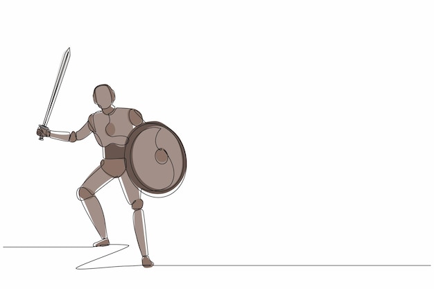 Single one line drawing robot with sword and shield furiously attacks Future technology development